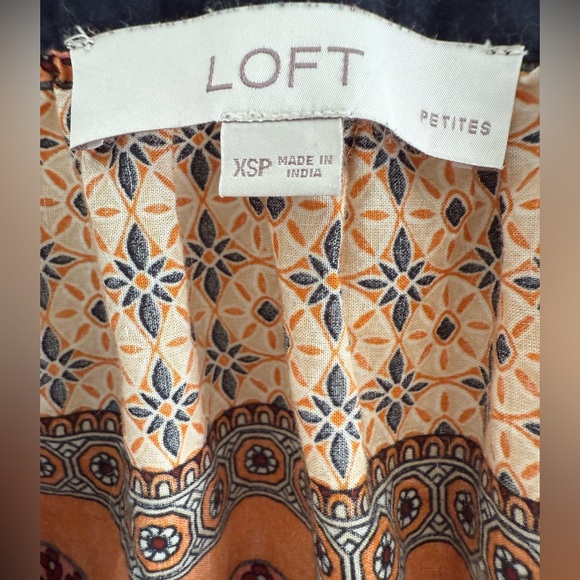 LOFT Petites XSP Boho Peasant Blouse Orange Navy Blue Short Puff Sleeve Top - Picture 2 of 3